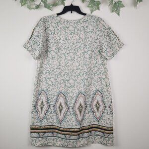 Ines Size 1X Short Sleeve Cream Green Boho Linen Blend Shift Dress